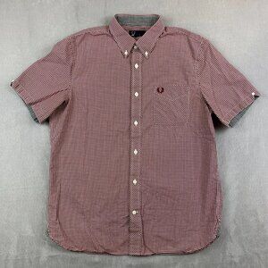 Fred Perry Mens Shirt Large Red White Check Plaid Button Up Short Sleeve Pocket
